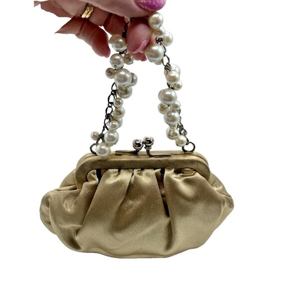 Carolee Mini Handbag Gold Satin Beaded Handle Evening Clutch Kiss Lock Purse - Picture 1 of 16